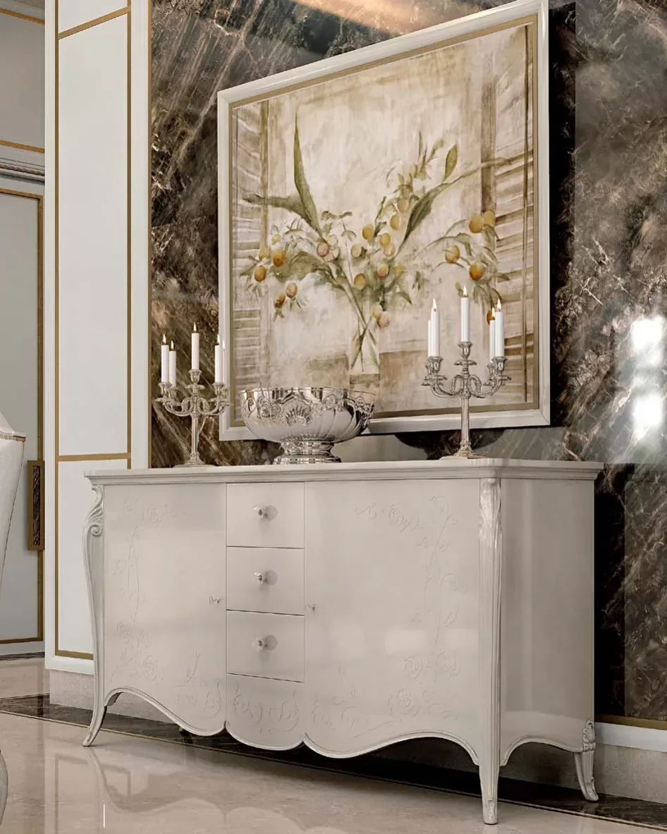 Opera Shaped Sideboard, Carved "B" Decoration, 2 Doors 3 Drawers by Francesco Pasi, classic living room