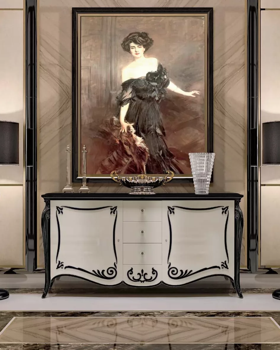 Opera Shaped Sideboard, Carved B Decoration, 2 Doors 3 Drawers by Francesco Pasi, carved piece for a formal dining room