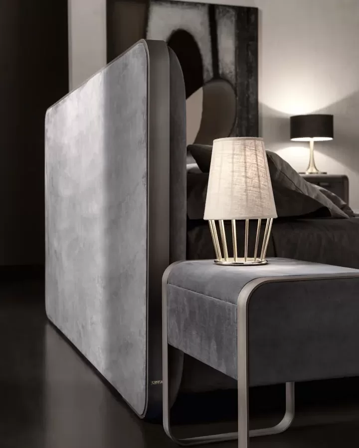 Elvis Bedside Table, modern luxury bedside table beside an upholstered bed