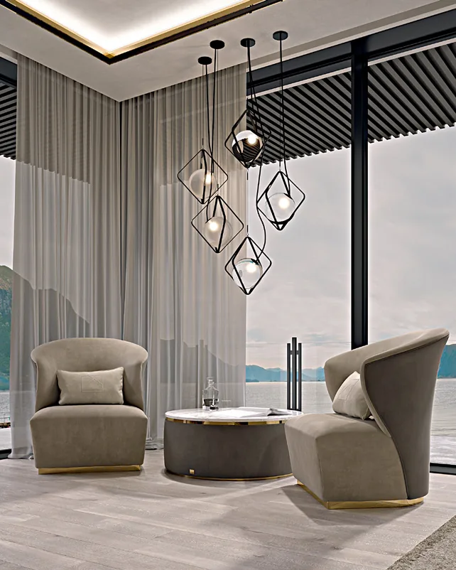 Icon Upholstered Round Coffee Table by Francesco Pasi, coffee table facing a media console