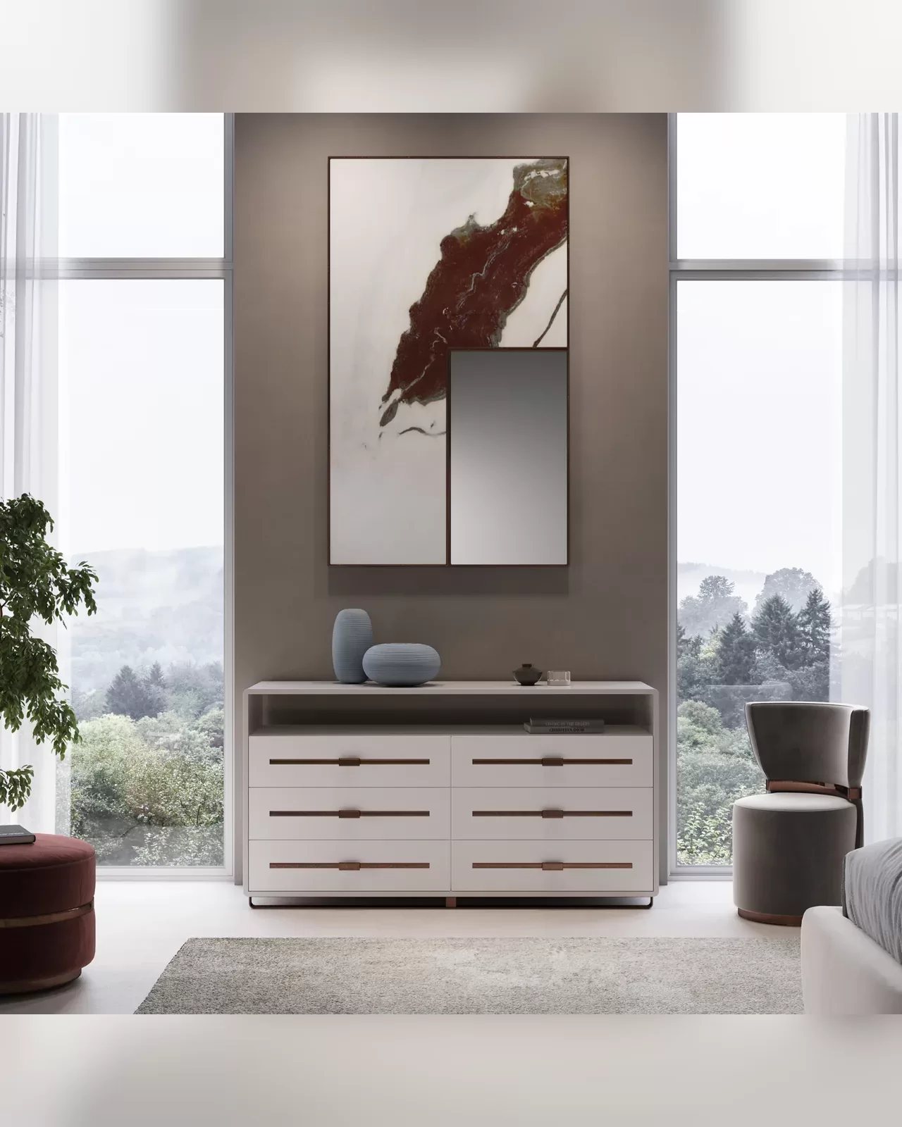 Epidote luxury dresser by Epoque, lacquered chest of drawers with metal handles in a high-end bedroom