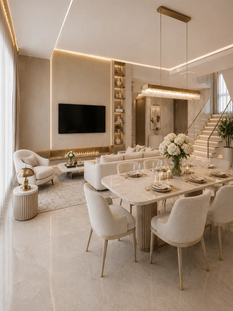 Open-plan living and dining room with marble flooring, a linear gold chandelier and boucle dining chairs