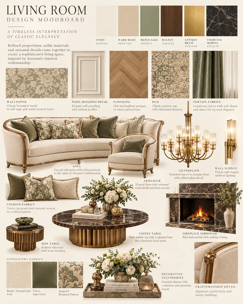 Living room moodboard with curved sofa, sage cushions, dark marble coffee table, fireplace surround and oak parquet