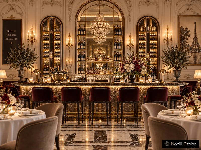 Luxury restaurant bar design with marble counter, velvet stools and arched lit wine cabinets