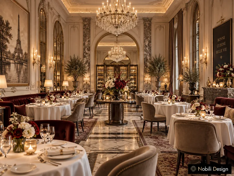 Fine dining restaurant interior design with crystal chandeliers, marble floor and velvet banquettes