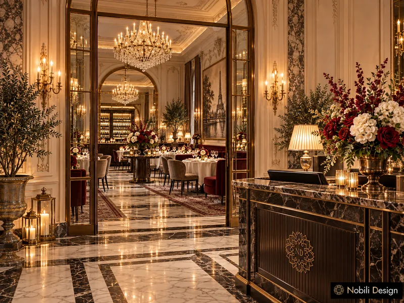 Restaurant entrance design with a dark marble host stand, gilded glass doors and chandeliers