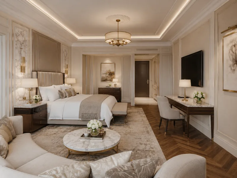 Hotel interior design of a classic suite with upholstered bed, curved sofa and brass chandelier