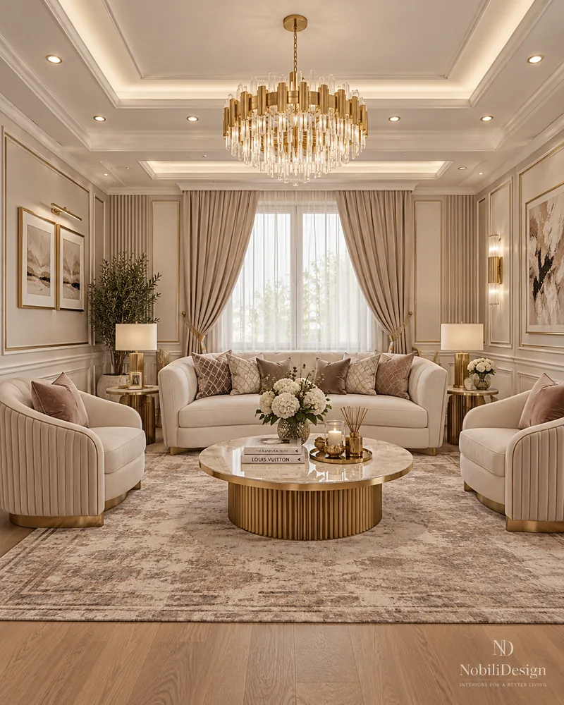 Living room with cream sofa, channel-back armchairs and a marble table on a fluted gold base, designer furniture