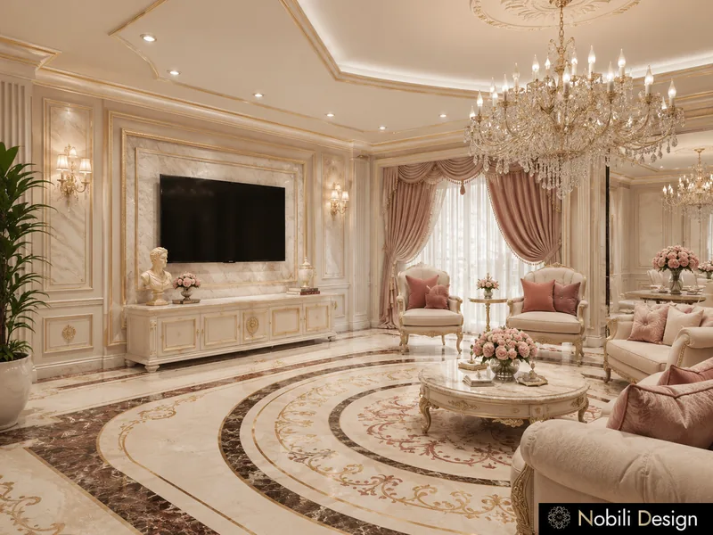 Classic living room with inlaid marble medallion floor, blush armchairs, carved TV cabinet and chandelier