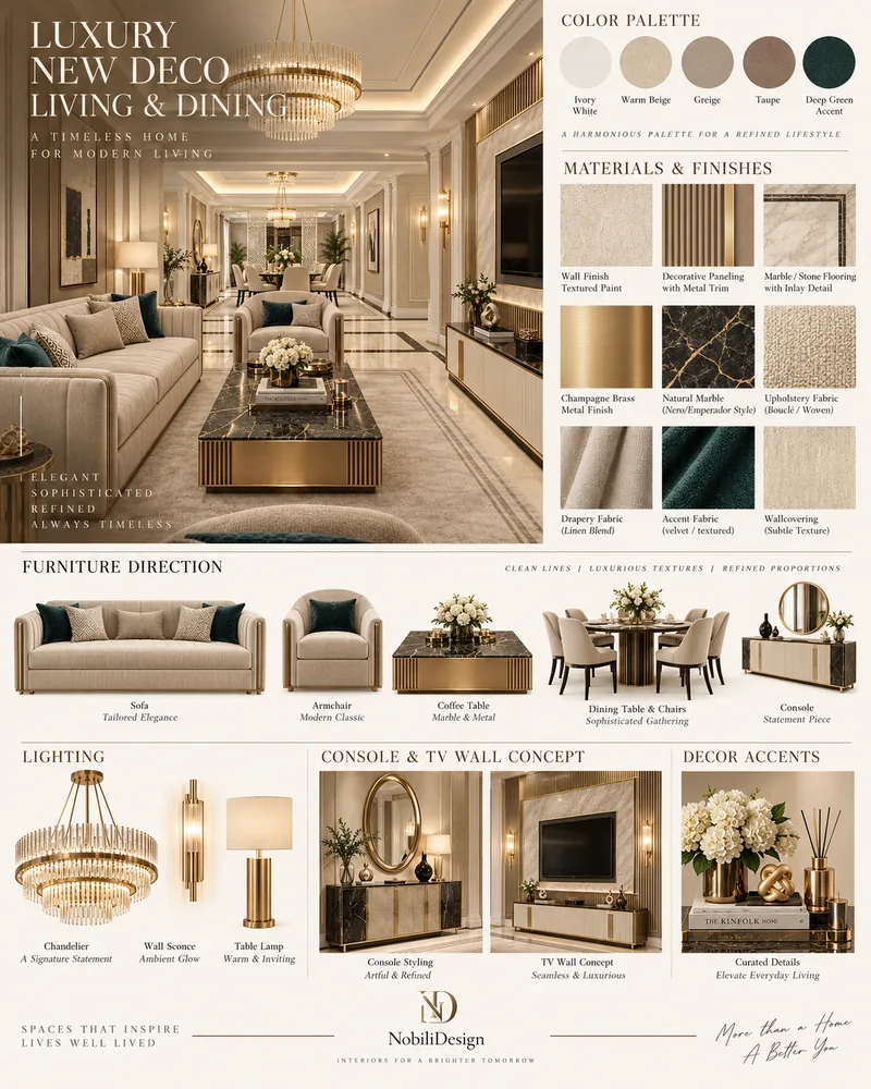 Living and dining concept board with deep green accents, marble, brass and upholstery fabric samples
