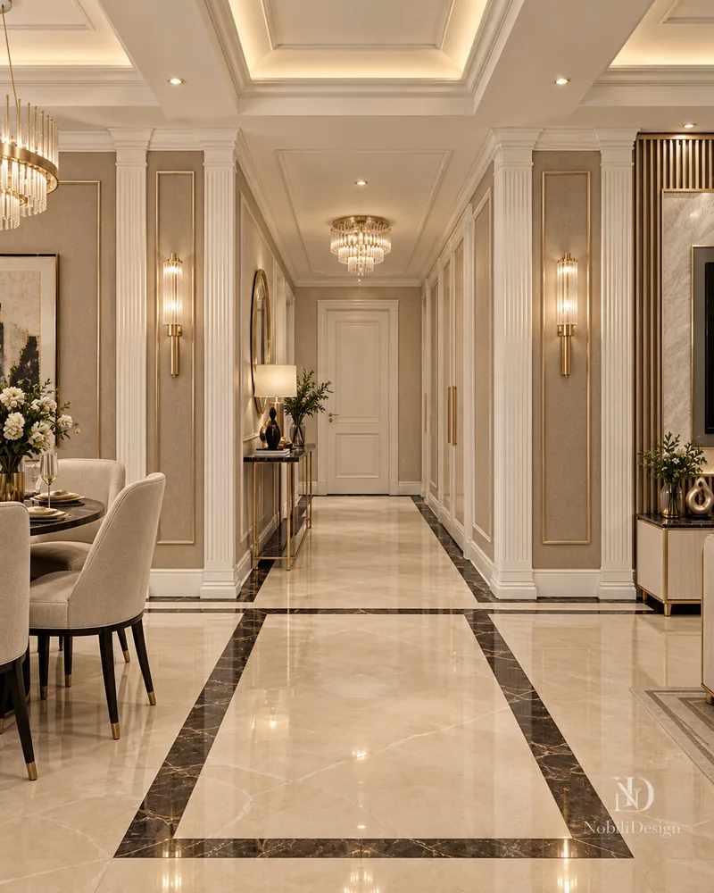 Hallway with fluted columns, marble floor with dark borders, brass sconces and console with table lamp