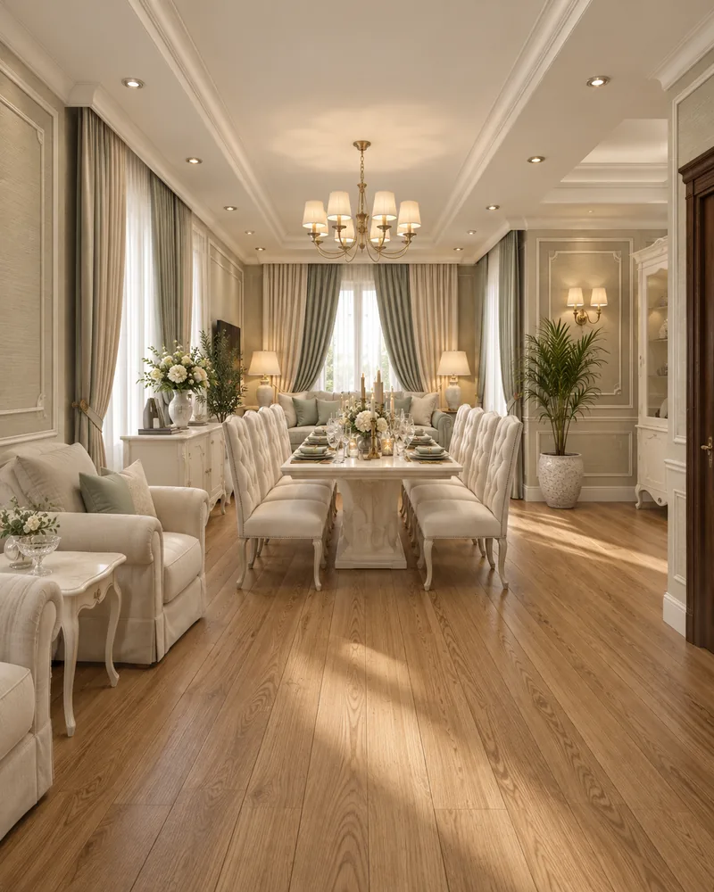 Formal dining room seen from the lounge armchairs, with long table, tufted chairs and sage and cream curtains