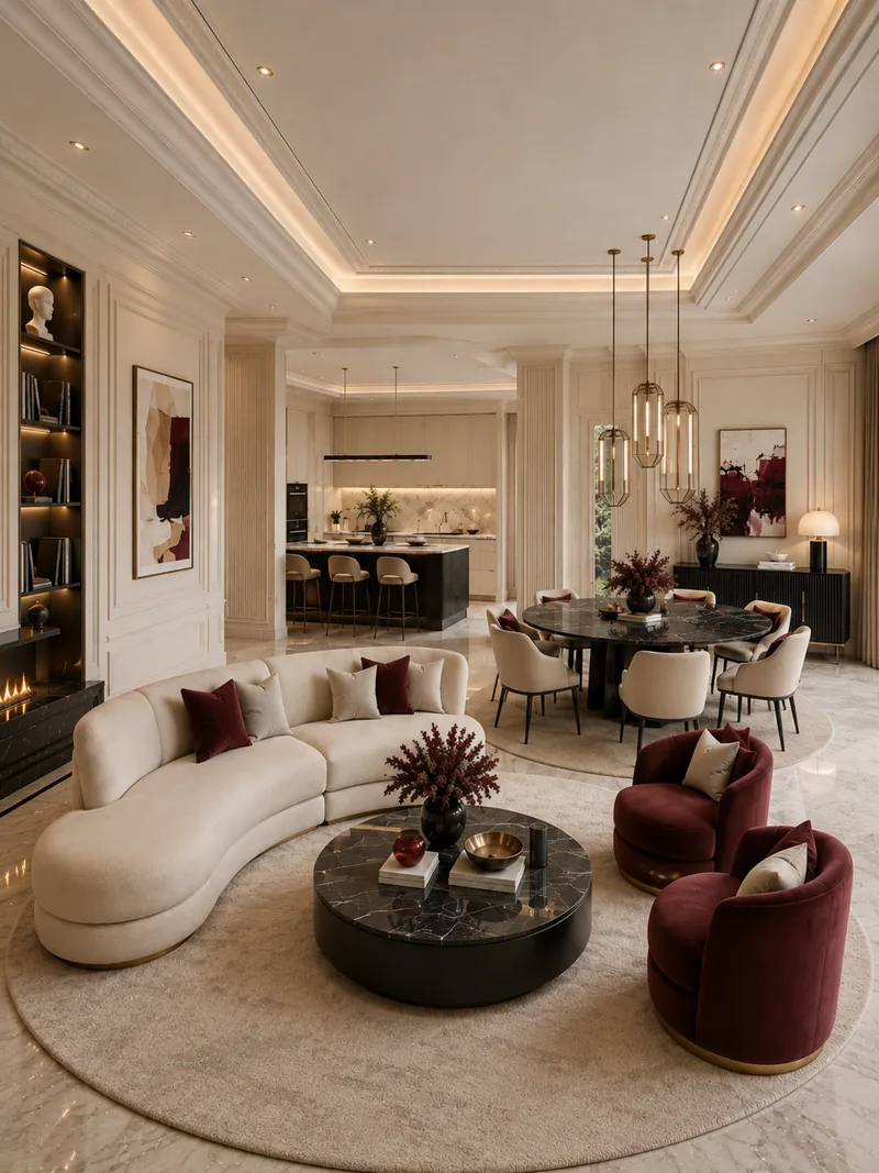 Contemporary living room with curved cream sofa, burgundy velvet armchairs and a round black marble table