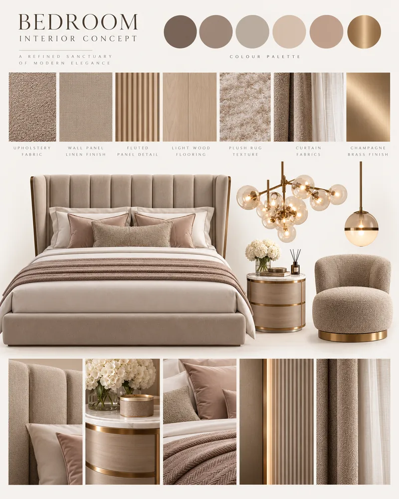 Bedroom concept board with channel-tufted bed, boucle swivel chair, glass bubble chandelier and fabric swatches