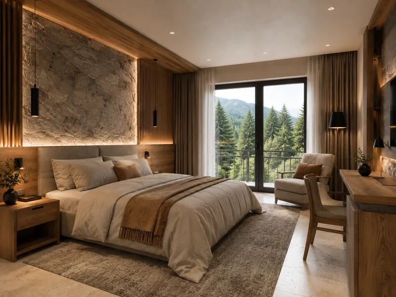 Hotel room interior design with stone headboard wall, oak furniture and linen bedding
