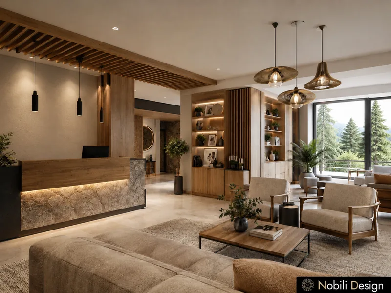 Hotel interior design of a timber reception lounge with stone-clad desk facing the pines