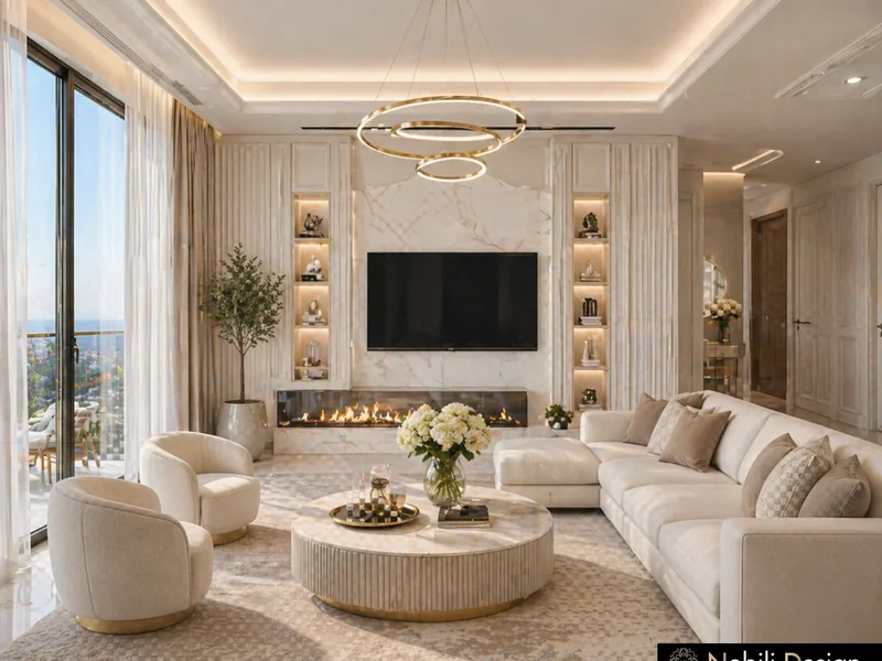 Contemporary penthouse living room with cream sectional, linear fireplace, ring chandelier and city view