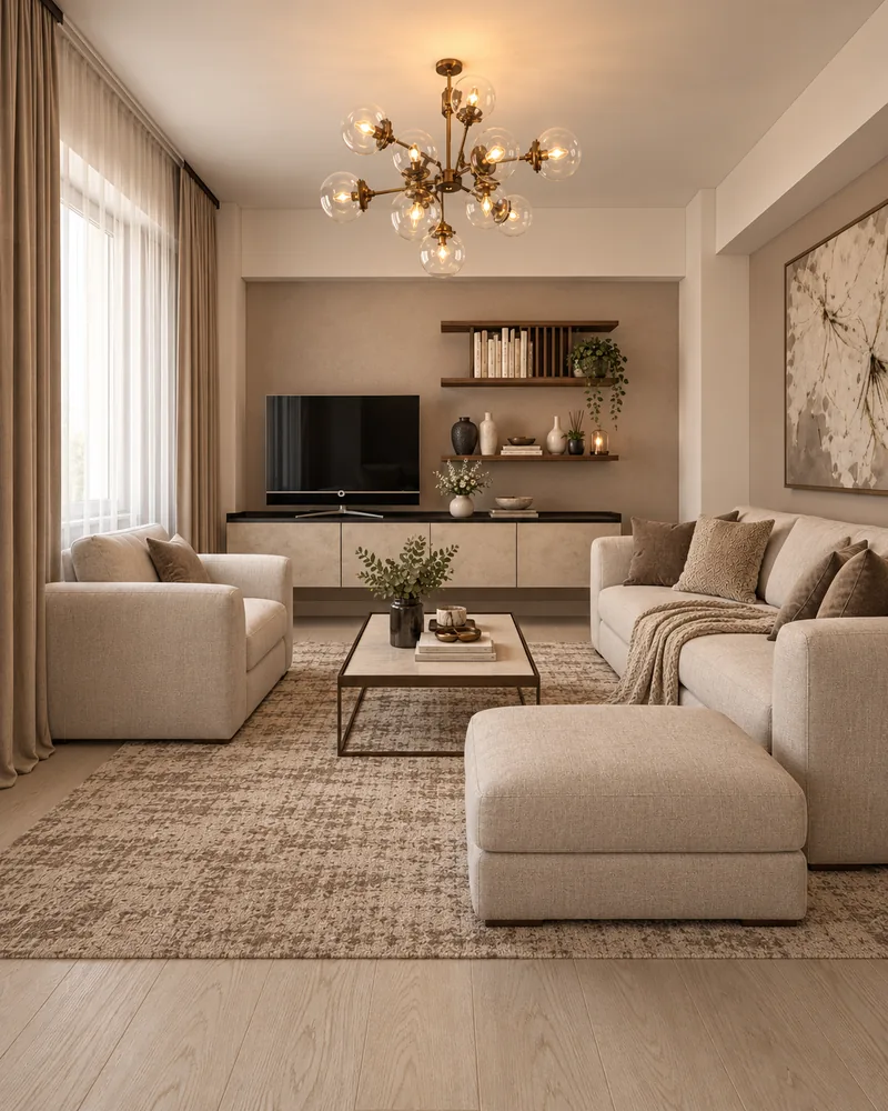 Soggiorno con divano componibile avena e pouf, poltrona, lampadario a bolle bronzo, porta TV effetto pietra, parquet rovere