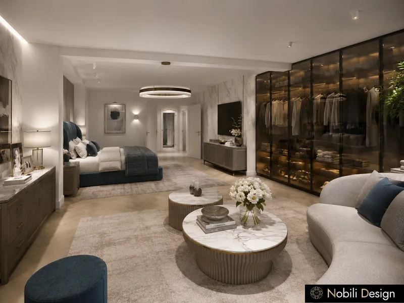 Luxury hotel suite interior design with velvet bed, curved sofa and lit glass walk-in wardrobe