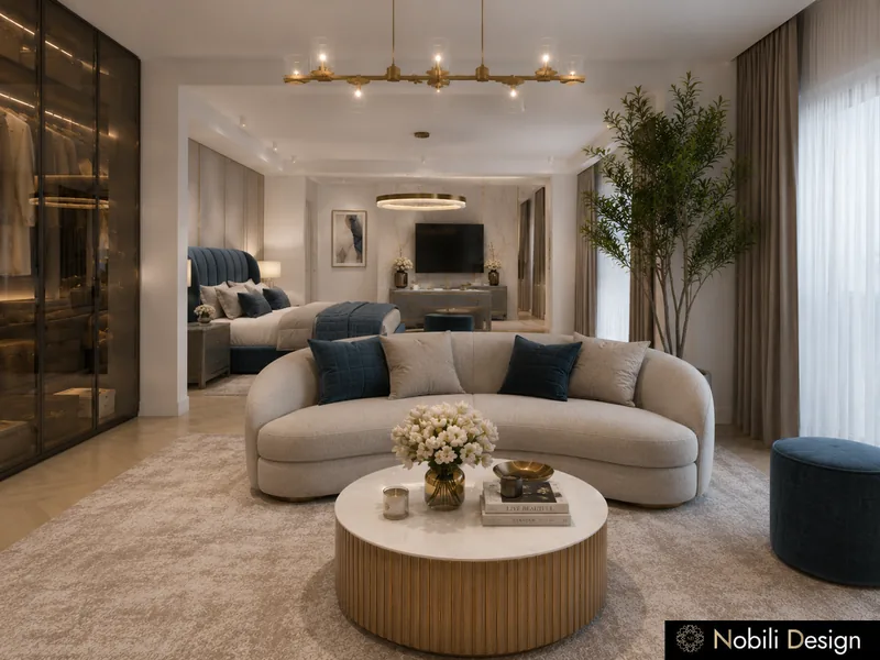 Hotel suite lounge design with curved sofa, round marble table and brass chandelier