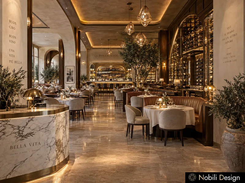 Luxury restaurant interior design with marble host stand, leather banquettes and a lit glass wine wall
