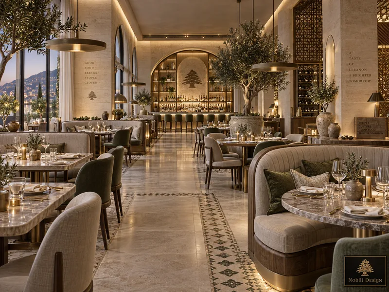 Luxury restaurant interior design with curved booths, olive trees and tall arched windows to the sea