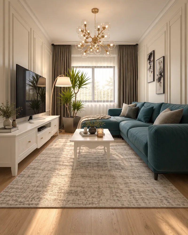 Modern apartment design with Italian furniture: petrol velvet corner sofa and carved white coffee table