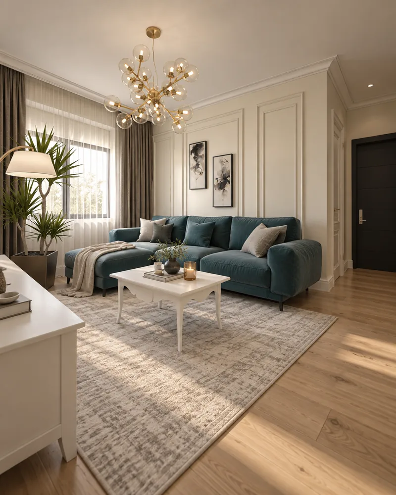 Modern living room with petrol velvet sectional, carved white coffee table and moulded ivory walls