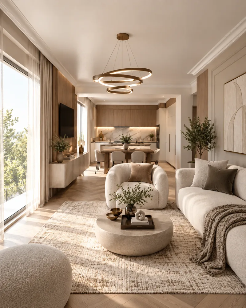 Modern apartment living room with herringbone oak floor, boucle armchair and round stone coffee table