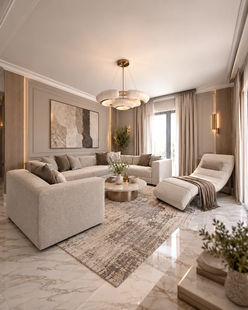 Modern interior design living room with L-shaped boucle sectional, upholstered chaise and alabaster pendant