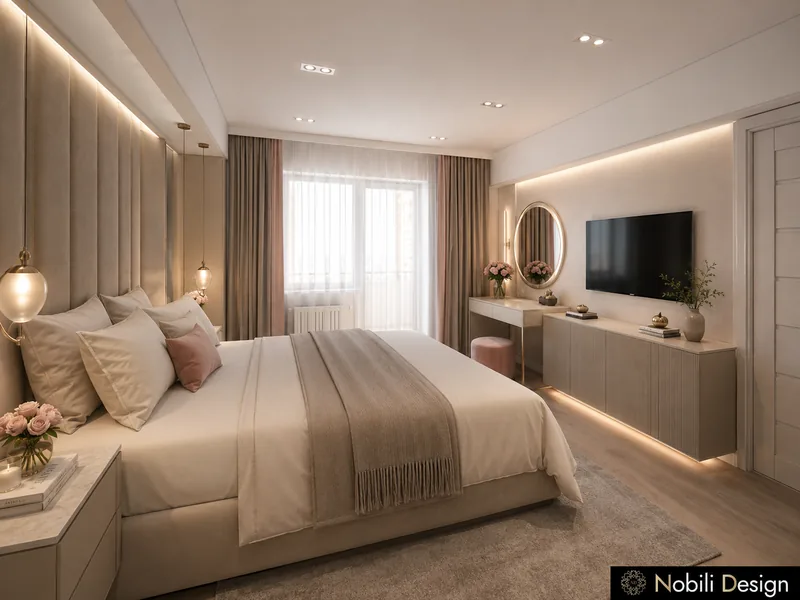 Modern bedroom with tall upholstered headboard wall, vanity corner, floating TV console and cove lighting