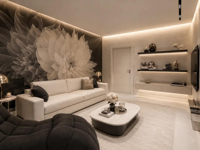 Modern living room in ivory and black with a large floral mural, cream sofa and lit wall shelves