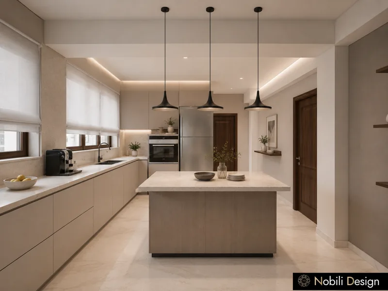 Modern kitchen with central island, handleless beige cabinets, black pendant lamps and steel fridge