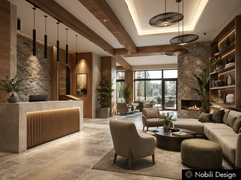 Mountain hotel interior design of a reception with stone wall, timber desk and fireplace lounge