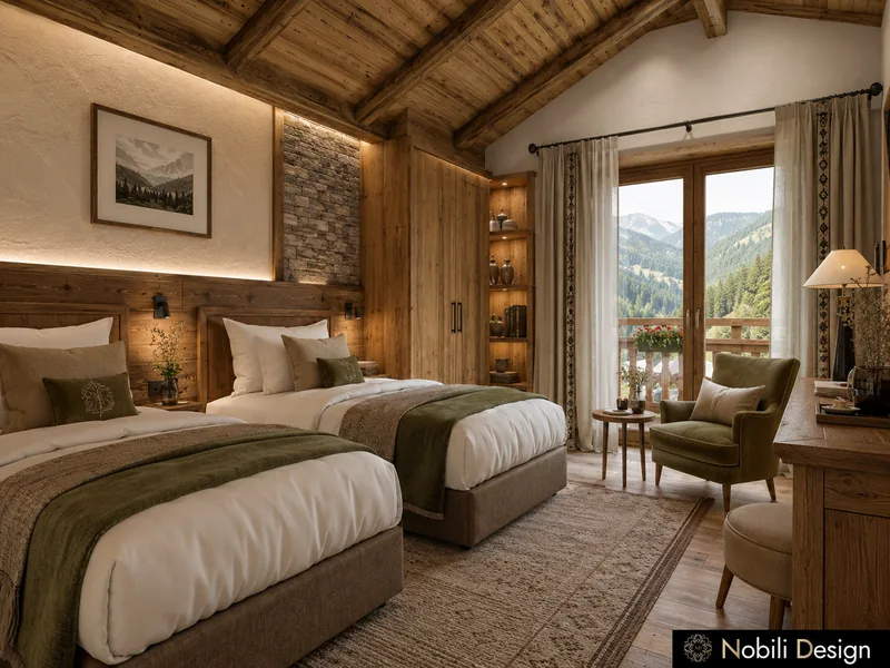 Chalet hotel room design with timber walls, green throws and mountain views