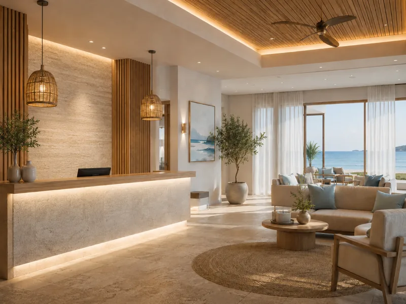 Boutique hotel interior design of a reception with lit travertine desk and a lounge facing the sea