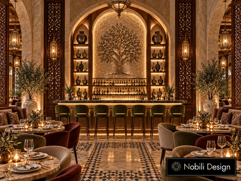Restaurant bar design with olive velvet stools under a carved tree of life wall and lit shelves