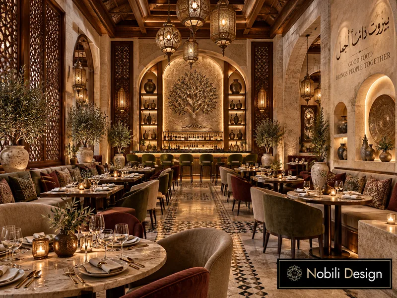 Lebanese restaurant interior design with carved walnut screens, brass lanterns and mosaic floor