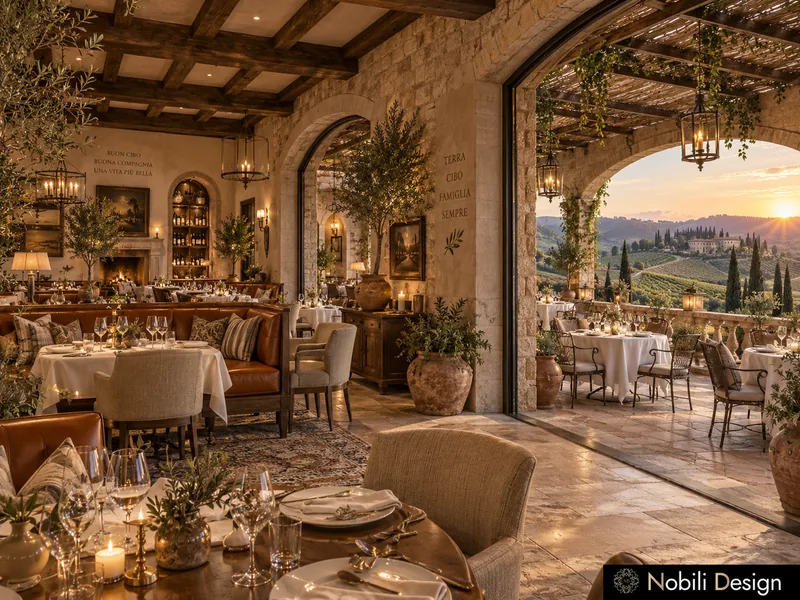 Classic restaurant interior design with leather banquettes, oak beams, iron lanterns and stone arches