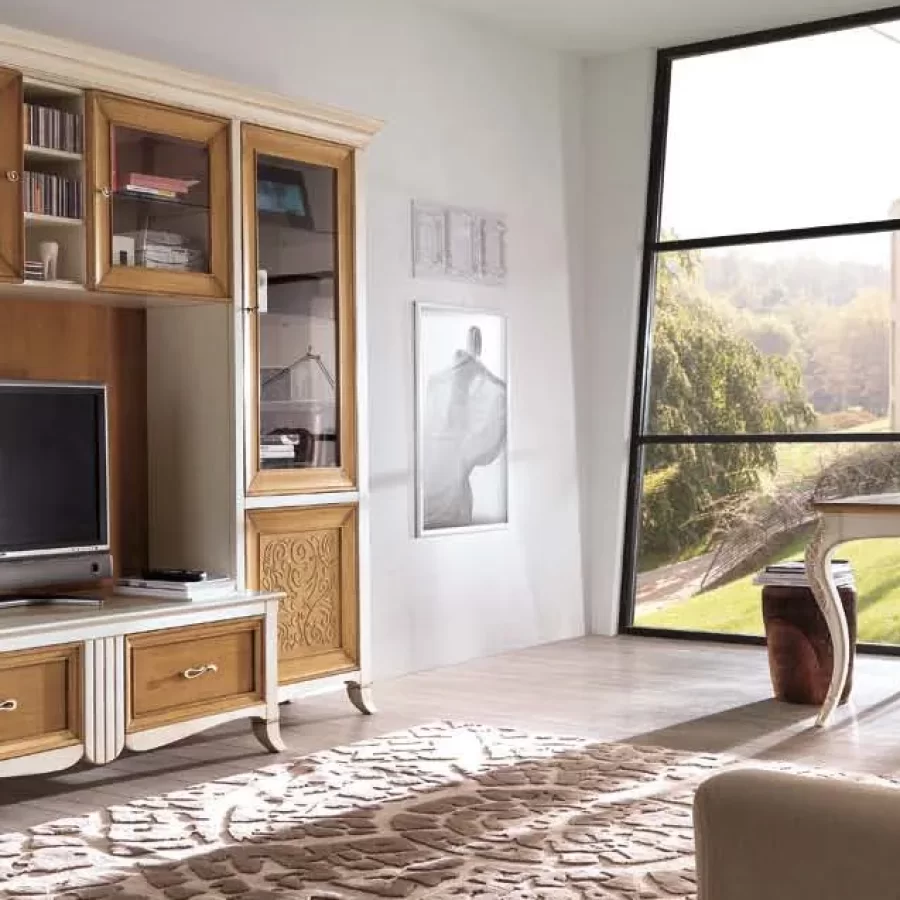 New Deco Equipped Wall with Natural Panels by Francesco Pasi, luxury TV cabinet, 315 cm wide