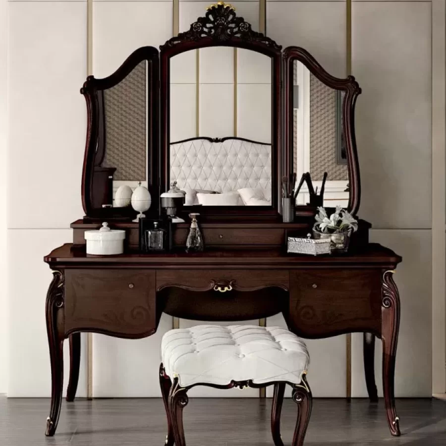 Opera dressing table desk with carved B decoration, elegant bedroom furniture