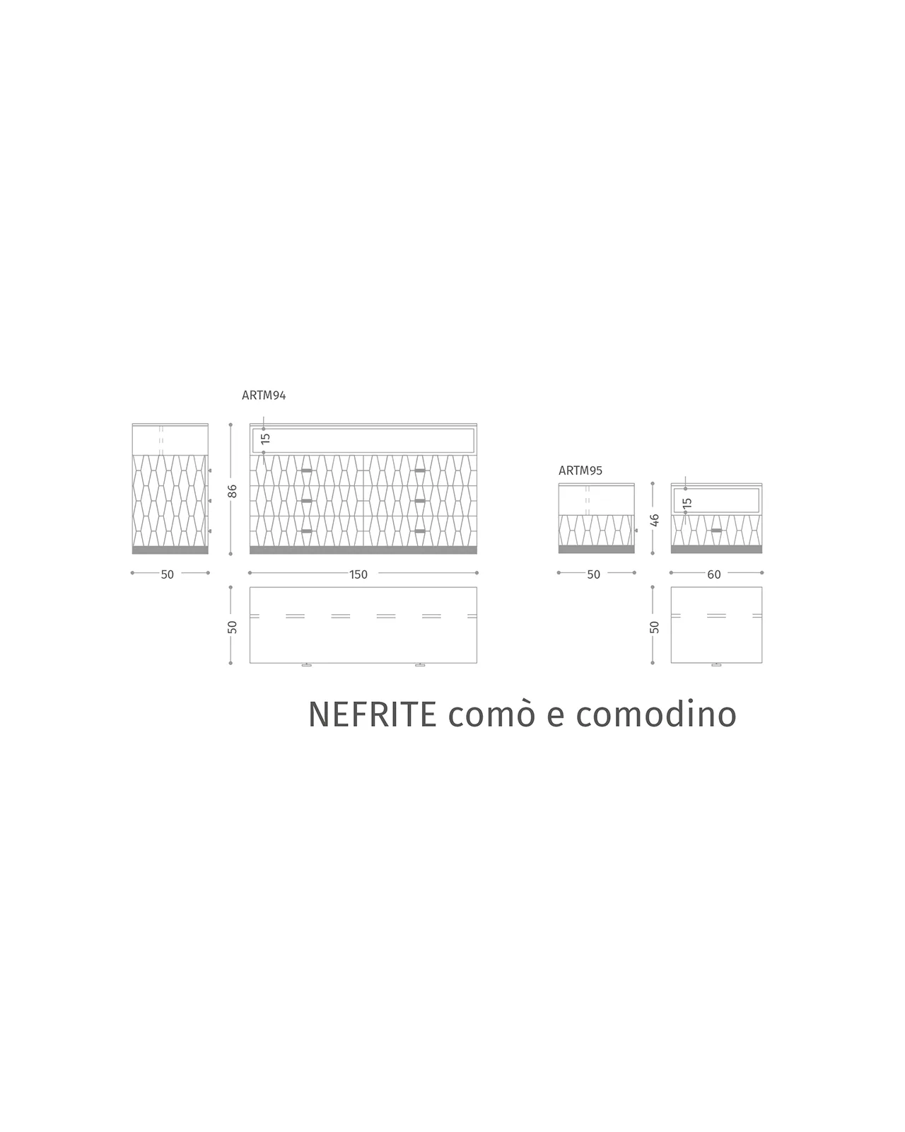 Comò Nefrite di Epoque, disegno tecnico con dimensioni, foto 3 di 3
