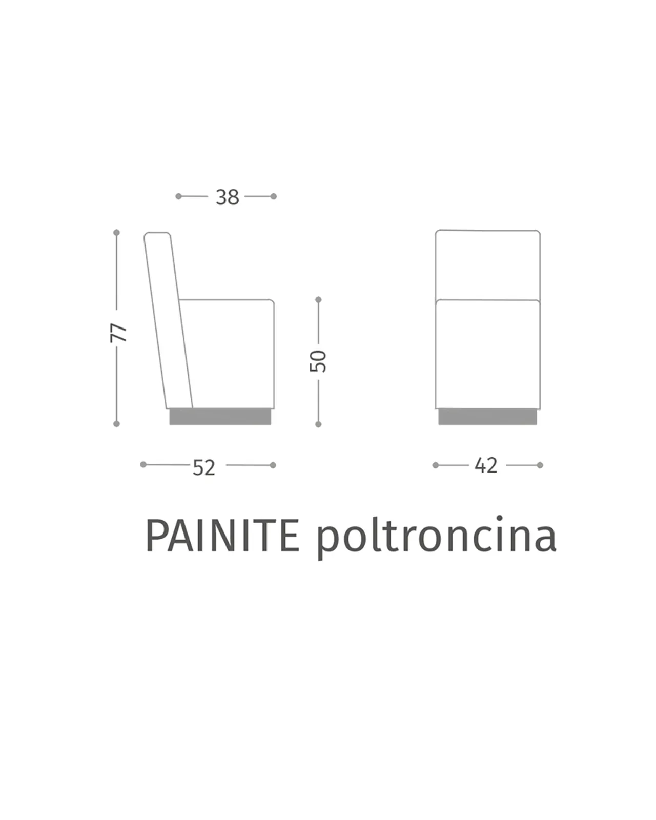 Poltrona Painite di Epoque, collezione Exence, disegno tecnico della poltrona con misure, foto 3 di 3