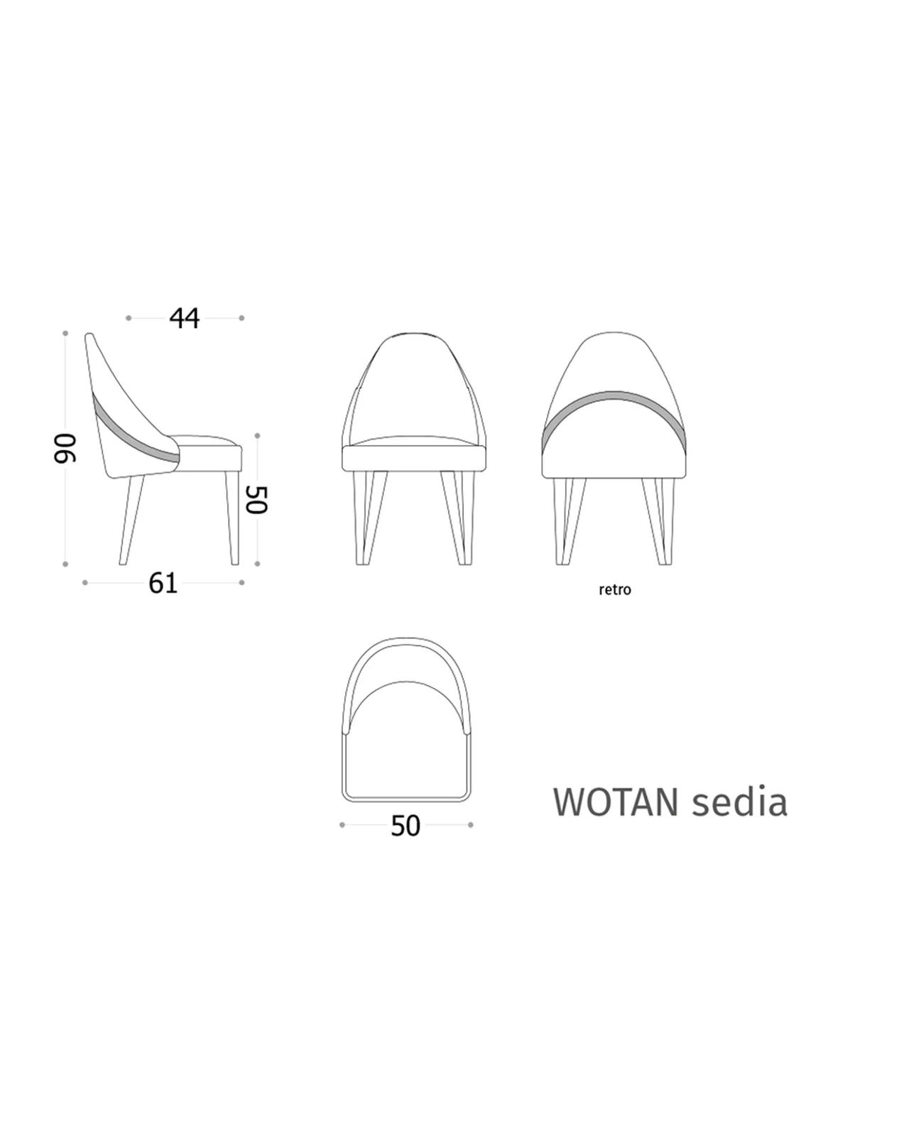 Sedia da pranzo Wotan di Epoque, collezione Exence, disegno tecnico della sedia da pranzo con dimensioni, foto 4 di 4