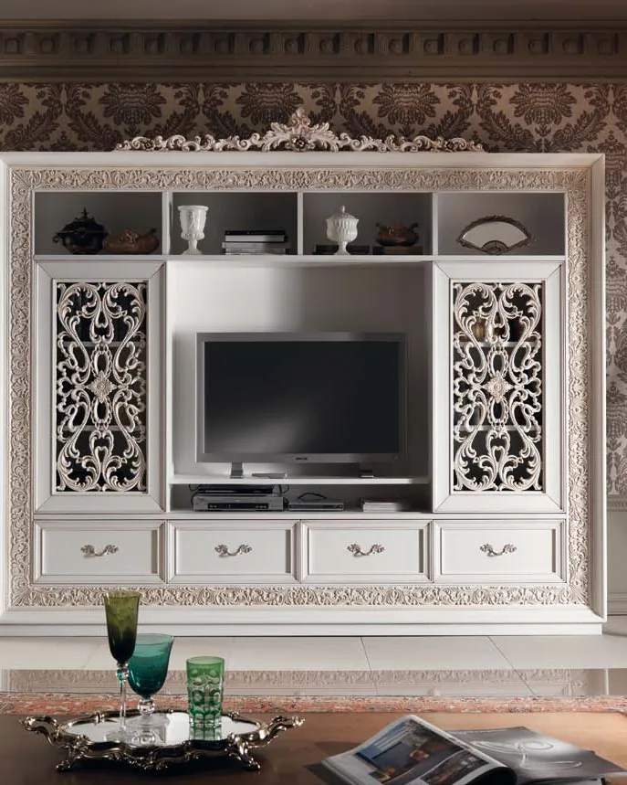 Gran Guardia Carved Wall Unit with Pierced Doors, TV Opening, Living Room Furniture, in Solid beech and poplar, Veneto classical Italian style, by Francesco Pasi
