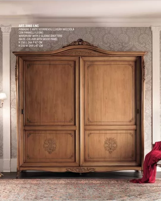 Gran Guardia Wardrobe, 2 Sliding Doors, Wood Panels, Bedroom Furniture, in Solid beech and poplar, Veneto classical Italian style, by Francesco Pasi