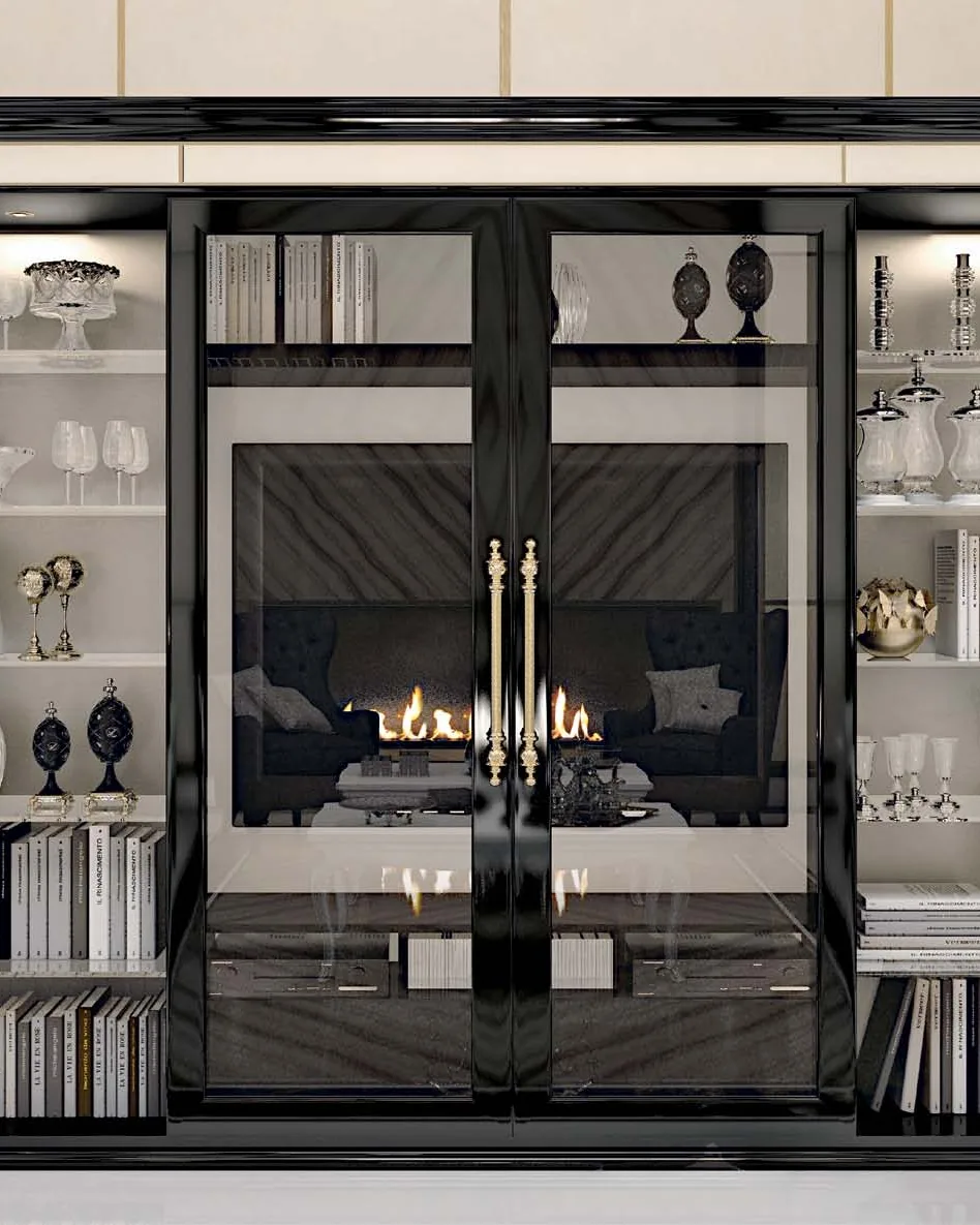 Opera Sliding-Door Wall Unit with Metal Inserts by Francesco Pasi, carved cherry furniture for the living room