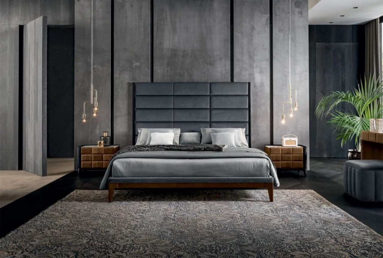 Dama bed with upholstered frame, detail, furniture for a modern master bedroom, made in Italy