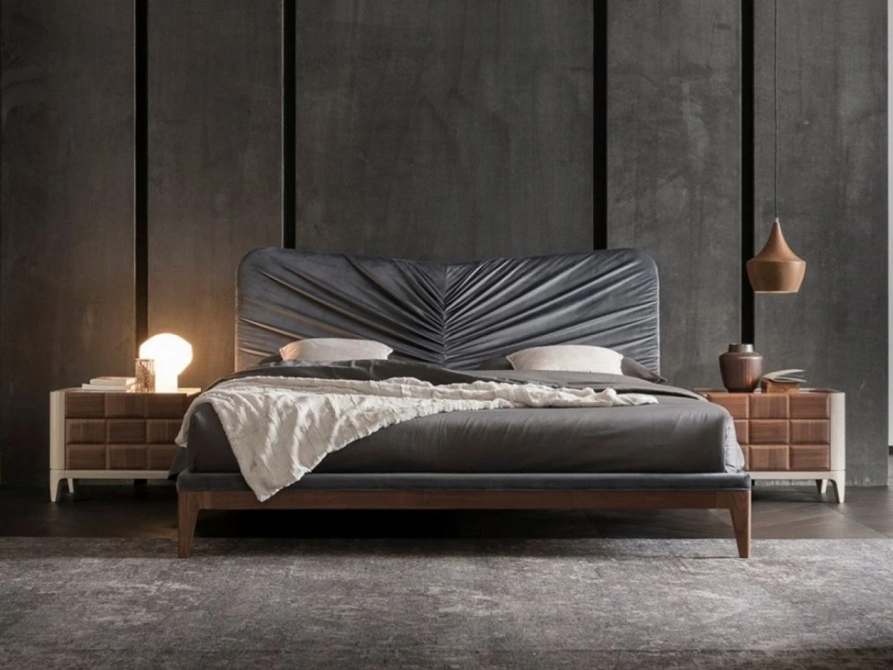 Dama upholstered bed, second view, for a modern luxury bedroom, made in Italy