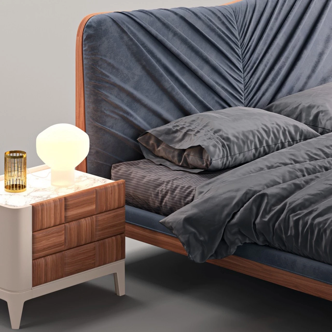 Dama upholstered bed, third view, modern bedroom furniture made to order in Italy